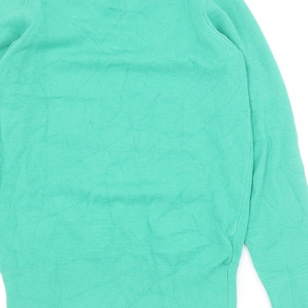 Brand and care label for Gallery women’s green mock neck viscose jumper, size XS