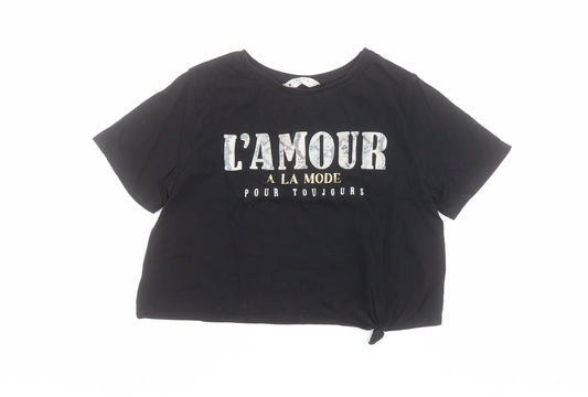 Additional front view of Matalan women’s black 100% cotton cropped t-shirt, size UK 12, crew neck - slogan