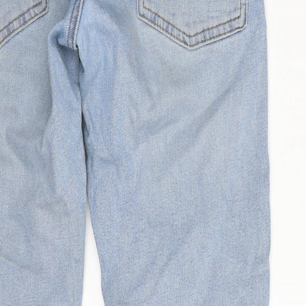 Brand and care label for ASOS women’s blue 100% cotton tapered jeans, size UK 28, in, 30-inch leg slim zip