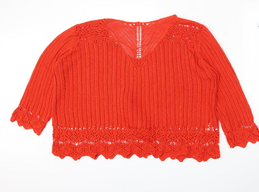 Peacocks Womens Red V-Neck Acrylic Pullover Jumper Size L