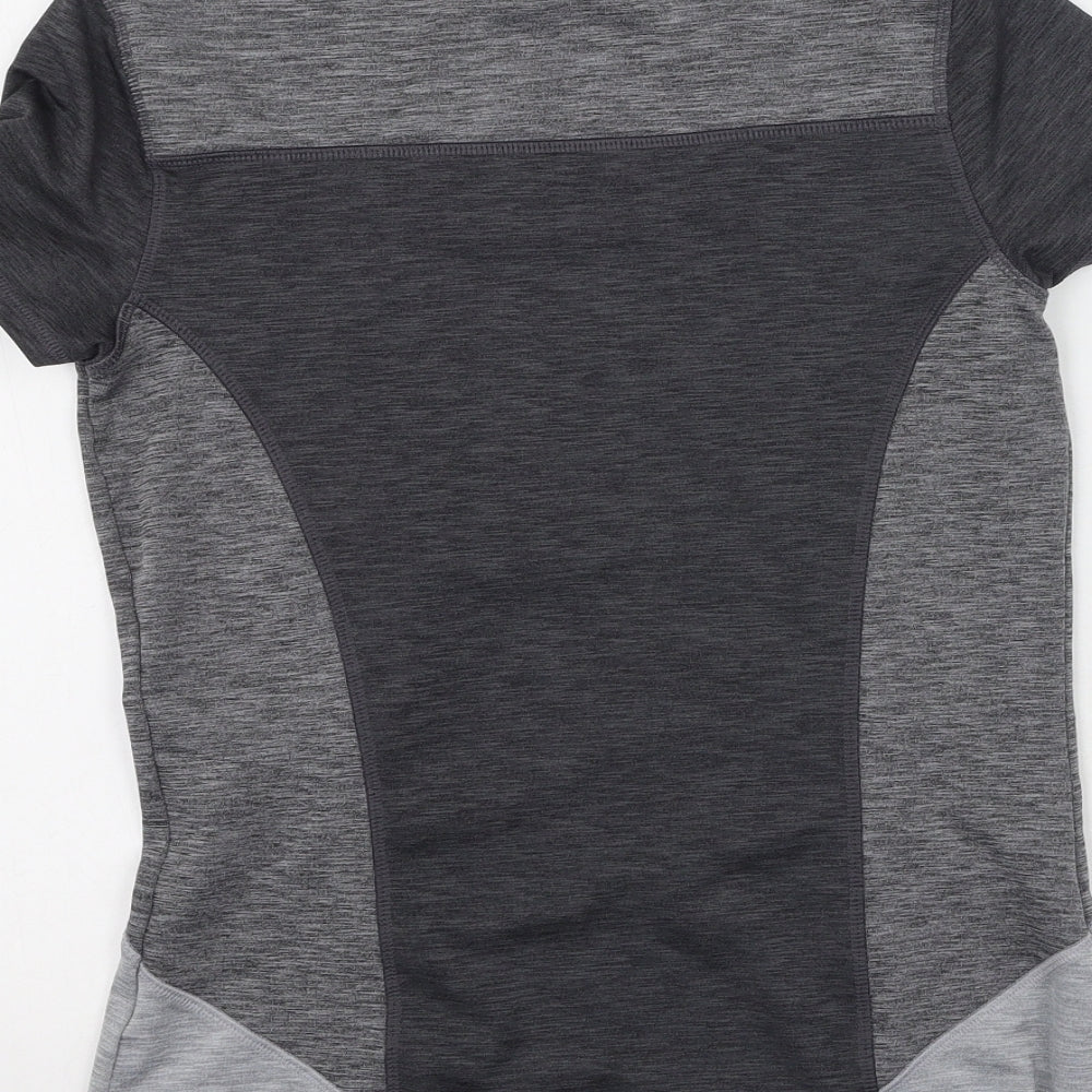 Brand and care label for Soluxe women’s grey polyester basic casual, size S, round neck