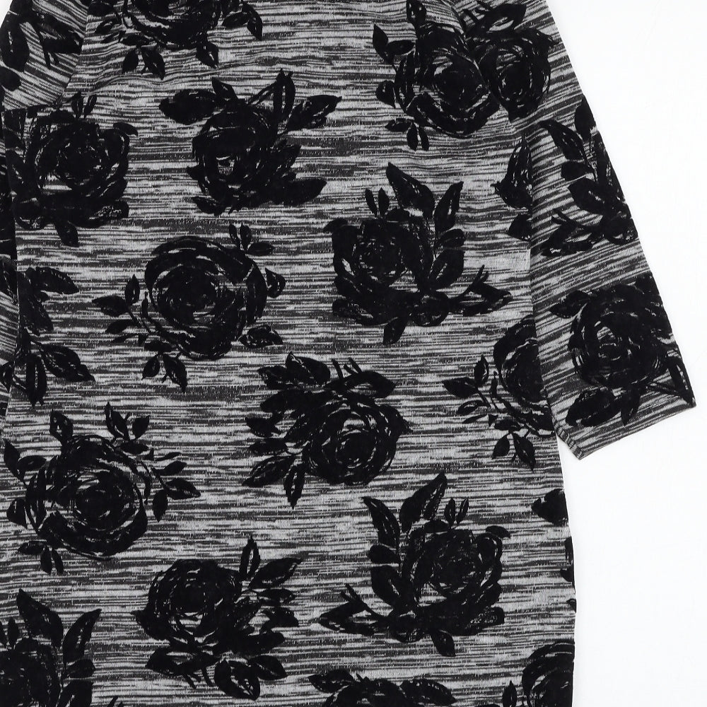 Brand and care label for George women’s grey floral polyester t-shirt dress, size UK 8, round neck pullover