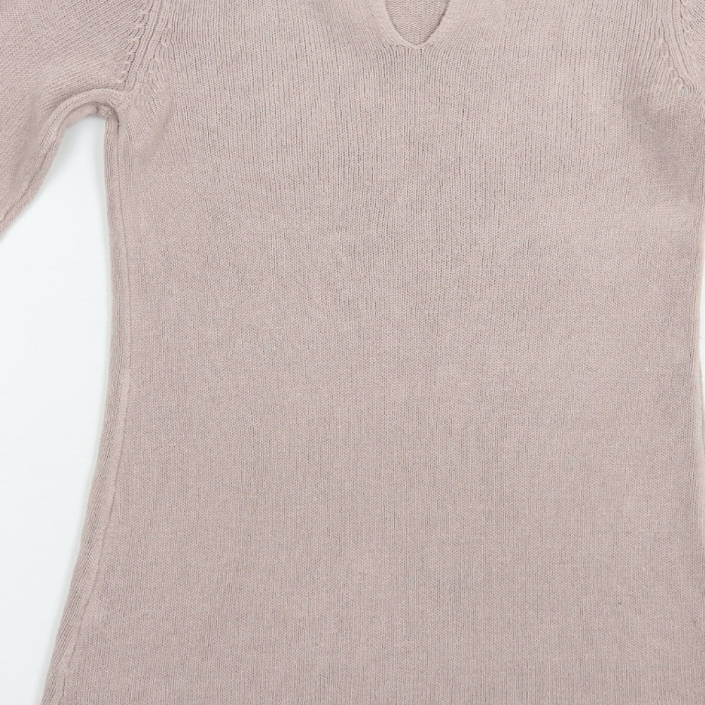 Brand and care label for Dorothy Perkins women’s pink boat neck acrylic tunic jumper, size UK 10