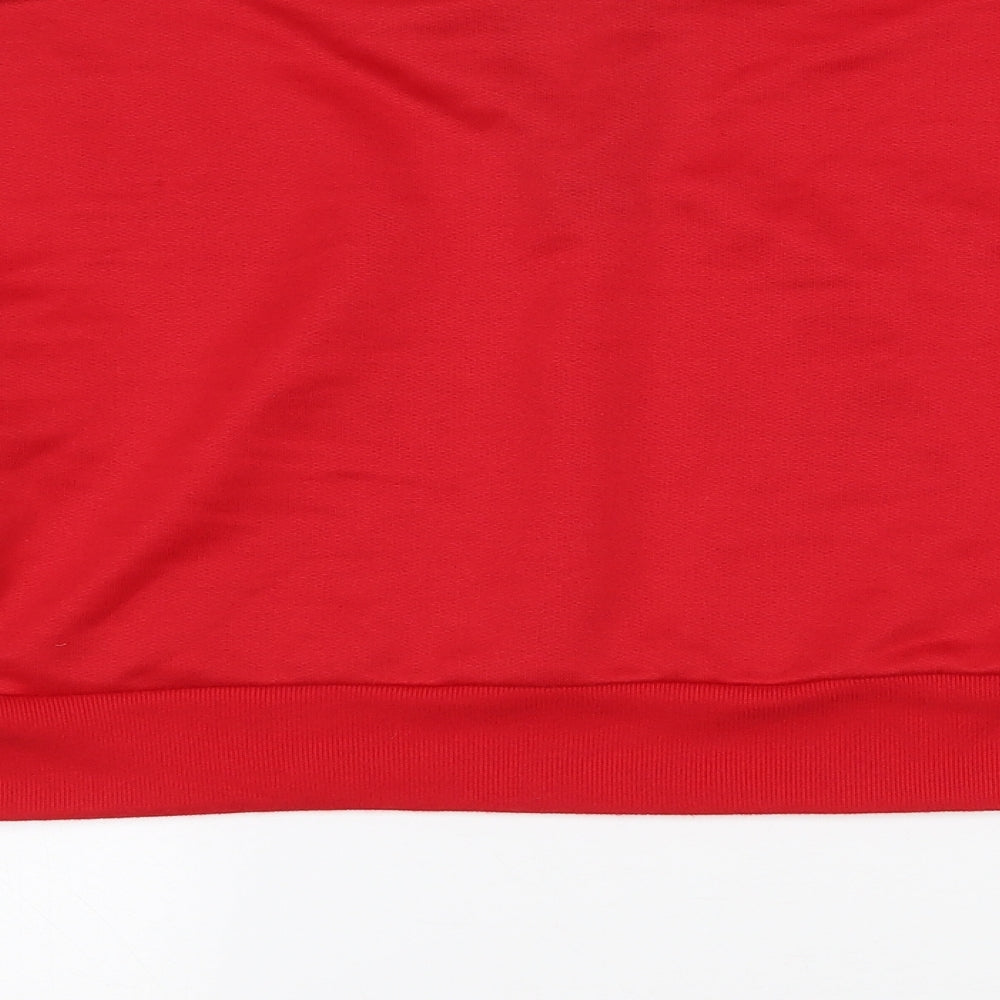 Brand and care label for Boohoo women’s red polyester pullover sweatshirt, size UK 10