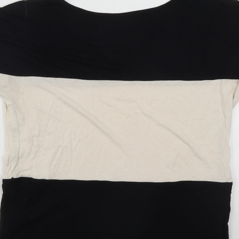 Brand and care label for E Vie women’s black colourblock viscose basic polo, size UK 8, round neck