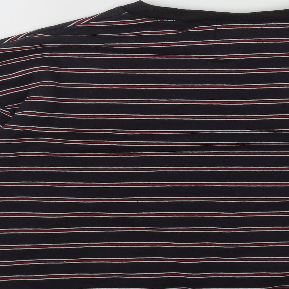 Pull&Bear Mens Black Round Neck Striped Cotton Pullover Jumper Size XS