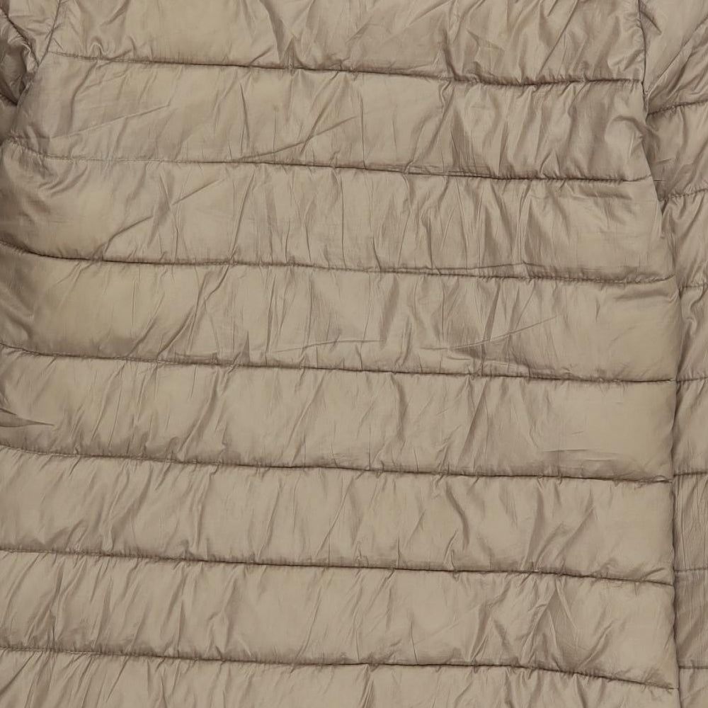 Brand and care label for Dunnes women’s brown quilted coat, size S, zip