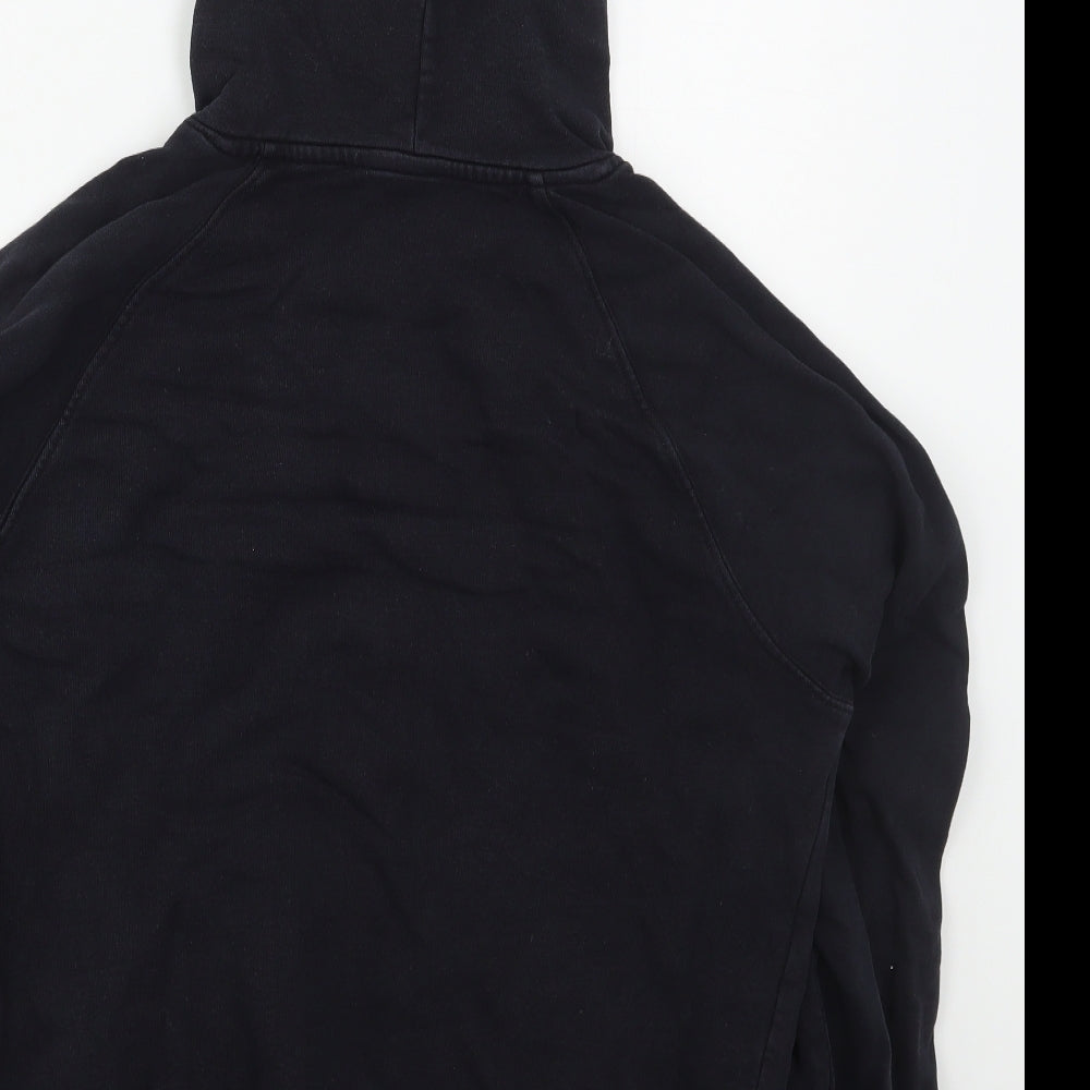 Brand and care label for Payinga men’s black cotton pullover hoodie, size S, - origin
