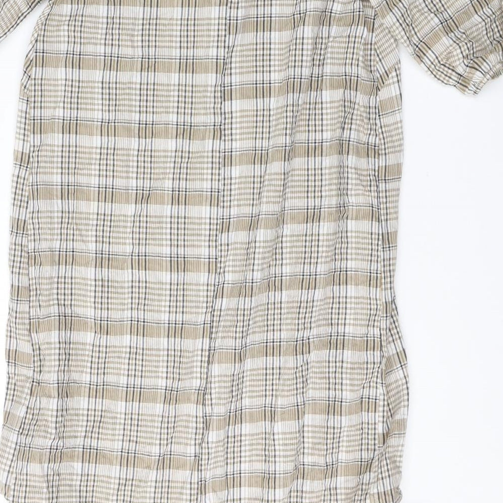 Brand and care label for Primark women’s beige plaid cotton mermaid, size UK 8, v-neck pullover