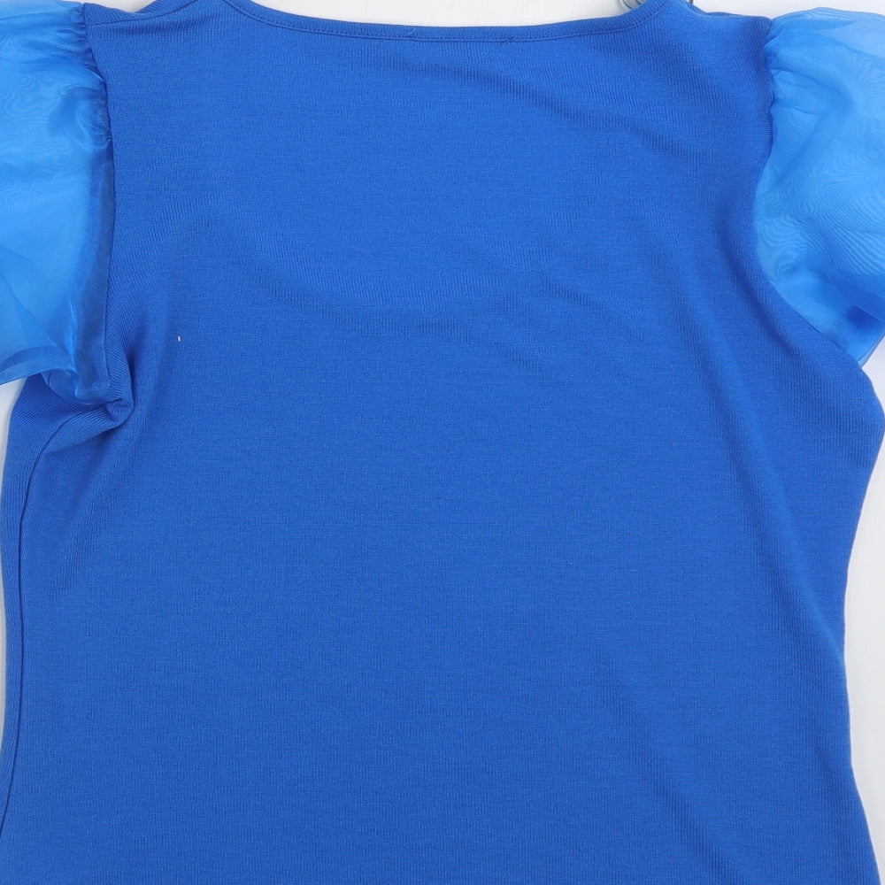 Brand and care label for Gallery women’s blue scoop neck polyester jumper, size UK 8, -, size UK 8/10