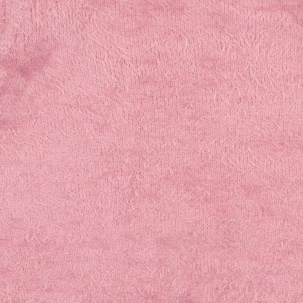 Brand and care label for Fig women’s pink round neck nylon jumper, size S