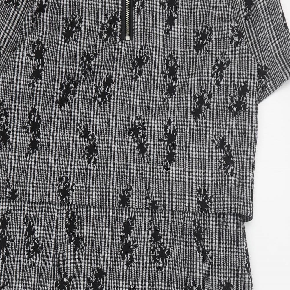 Oasis Womens Black Houndstooth Polyester A-Line Size S Round Neck Zip