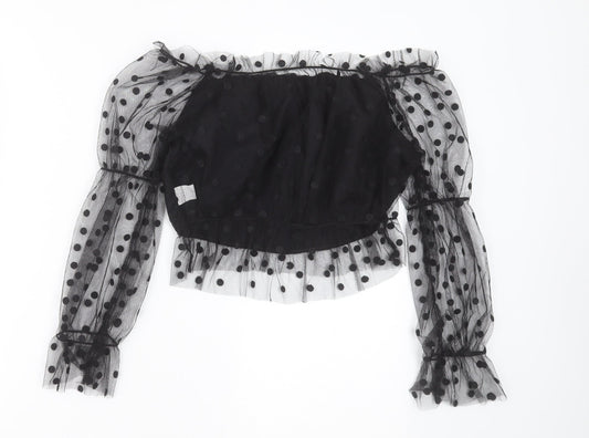 SheIn Womens Black Polka Dot Polyester Cropped Blouse Size S Boat Neck