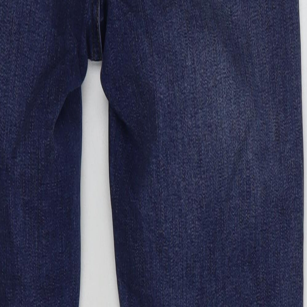 Brand and care label for Topshop women’s blue cotton skinny jeans, size UK 28, in, 32-inch leg regular button