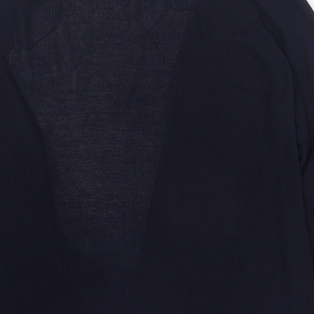 Brand and care label for Gallery women’s blue v-neck viscose cardigan jumper, size L