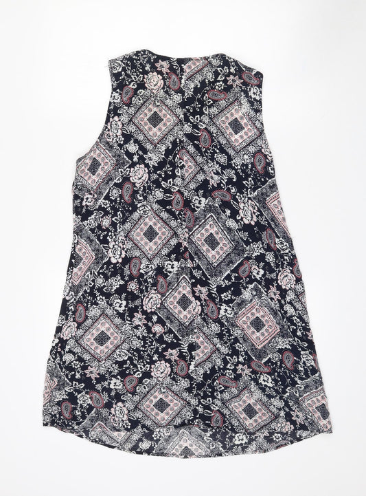 Back view of Izabel women’s black paisley viscose mini, size UK 10, v-neck