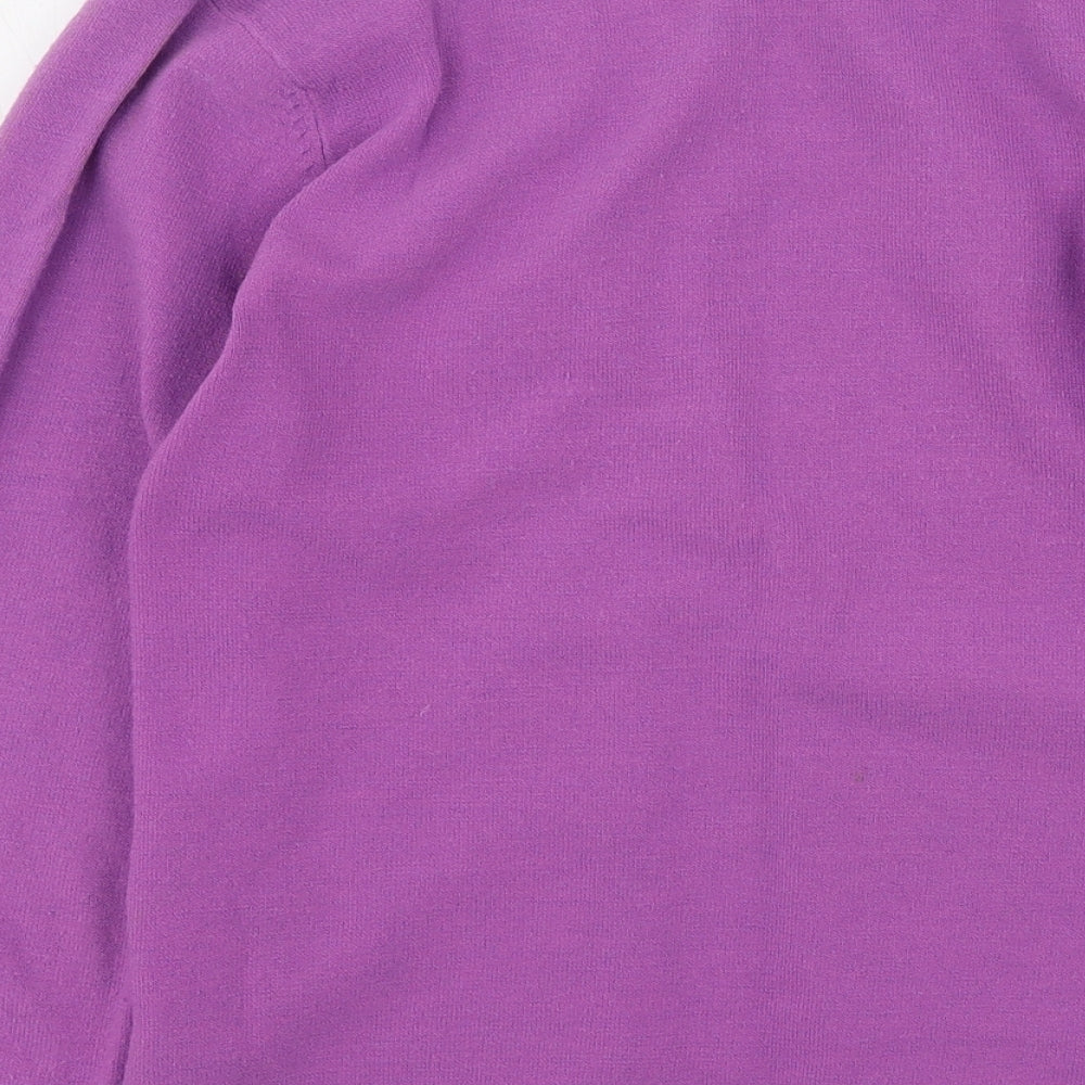 Brand and care label for BAY women’s purple v-neck acrylic cardigan jumper, size UK 10