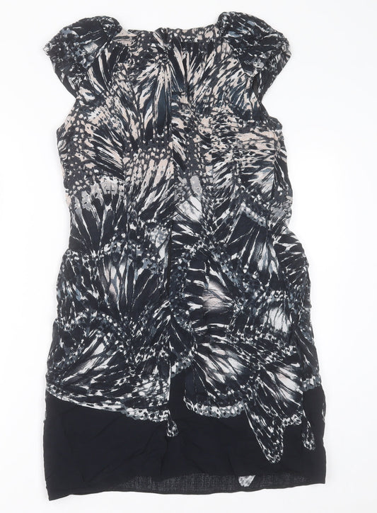 Dorothy Perkins Womens Black Geometric Viscose A-Line Size 12 Crew Neck Zip