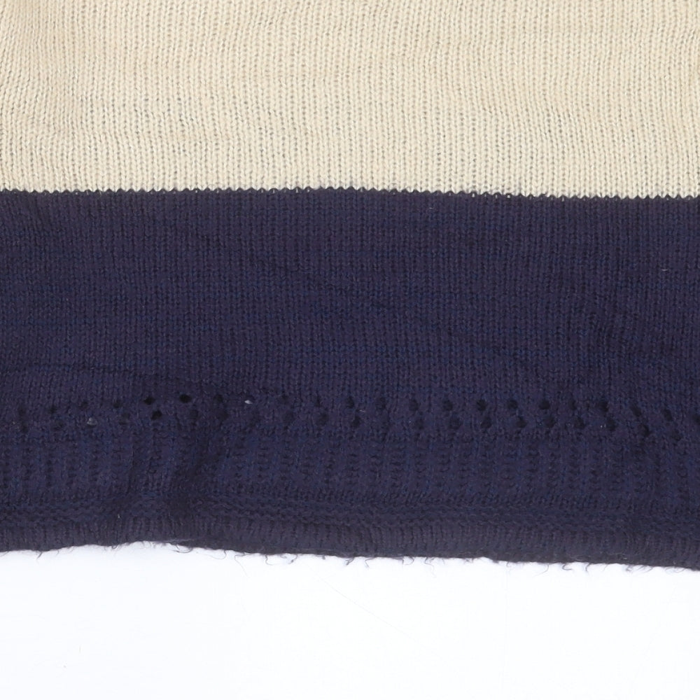 Brand and care label for River Island women’s brown crew neck striped acrylic jumper, size UK 8