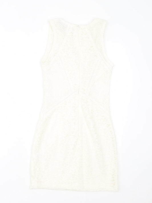 Topshop Womens White Nylon Bodycon Size 6 Crew Neck Zip