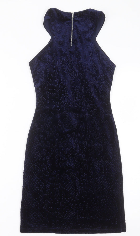 Topshop Womens Blue Geometric Polyester Bodycon Size 6 Crew Neck Zip