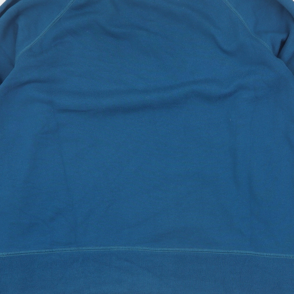 Brand and care label for Gap women’s blue cotton pullover sweatshirt, size S, pullover