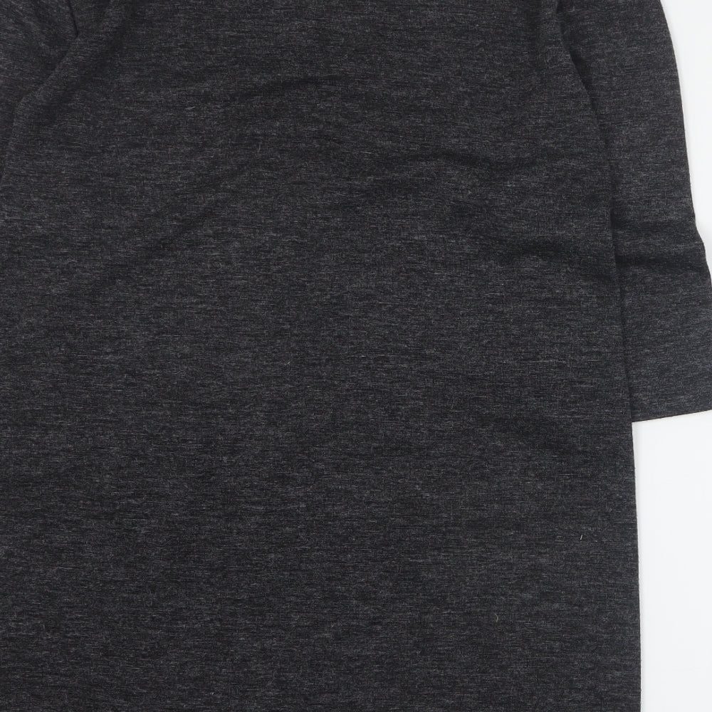 Brand and care label for Adrienne Vittadini women’s grey polyester jumper dress, size M, round neck pullover