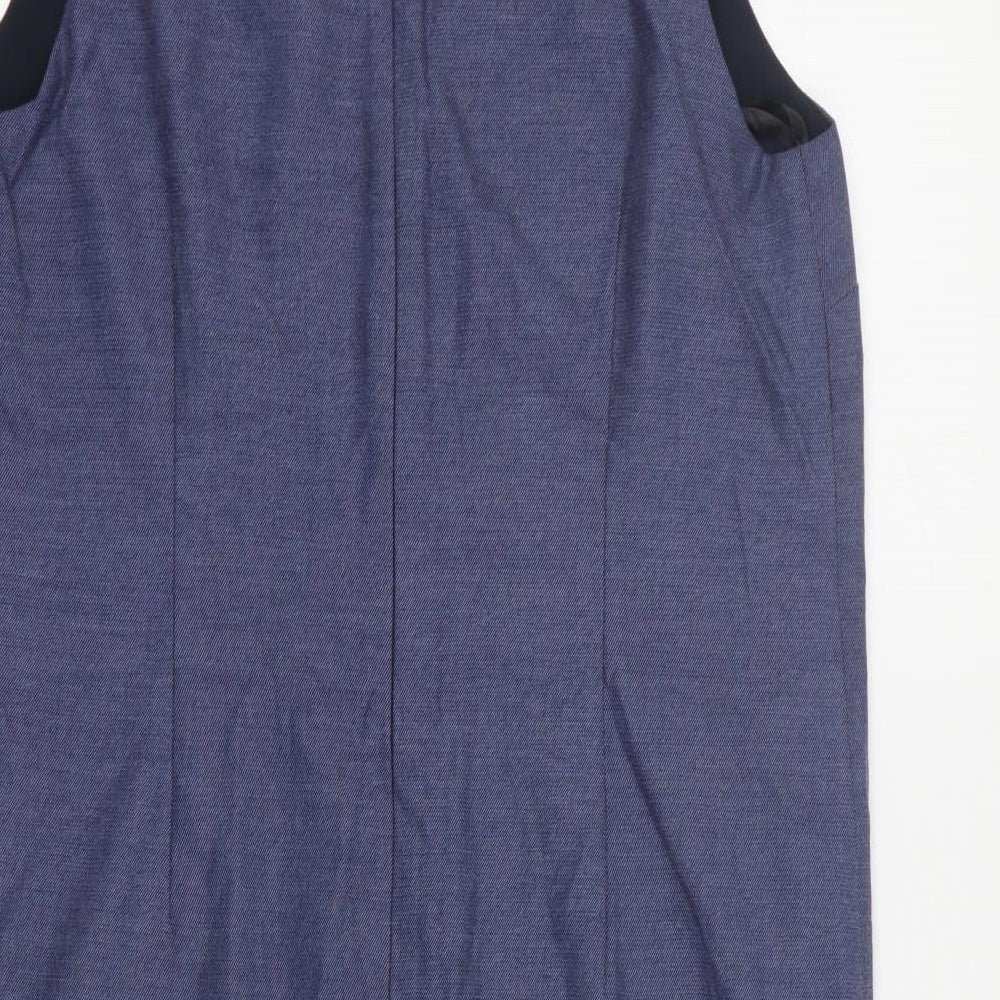 Brand and care label for Next women’s blue polyester pencil dress, size UK 8, v-neck zip