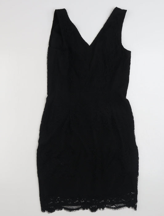 NEXT Womens Black Floral Polyester Shift Size 8 V-Neck Zip