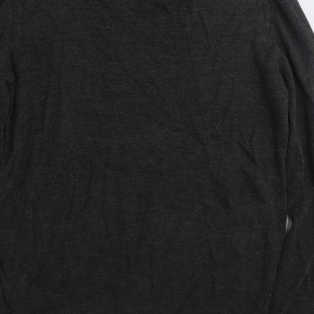 Brand and care label for F&F men’s grey v-neck acrylic jumper, size L