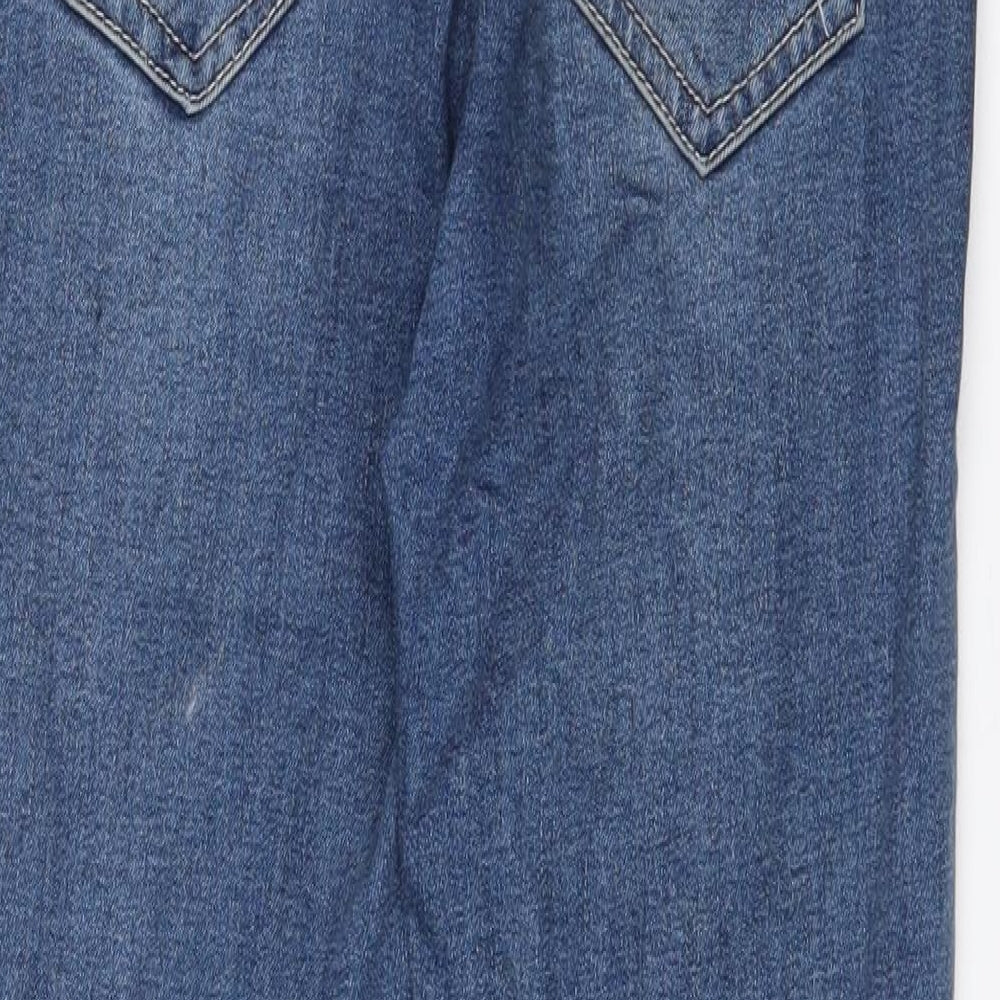 Brand and care label for Pull&Bear women’s blue cotton skinny jeans, size UK 8, 26-inch leg slim zip - ripped