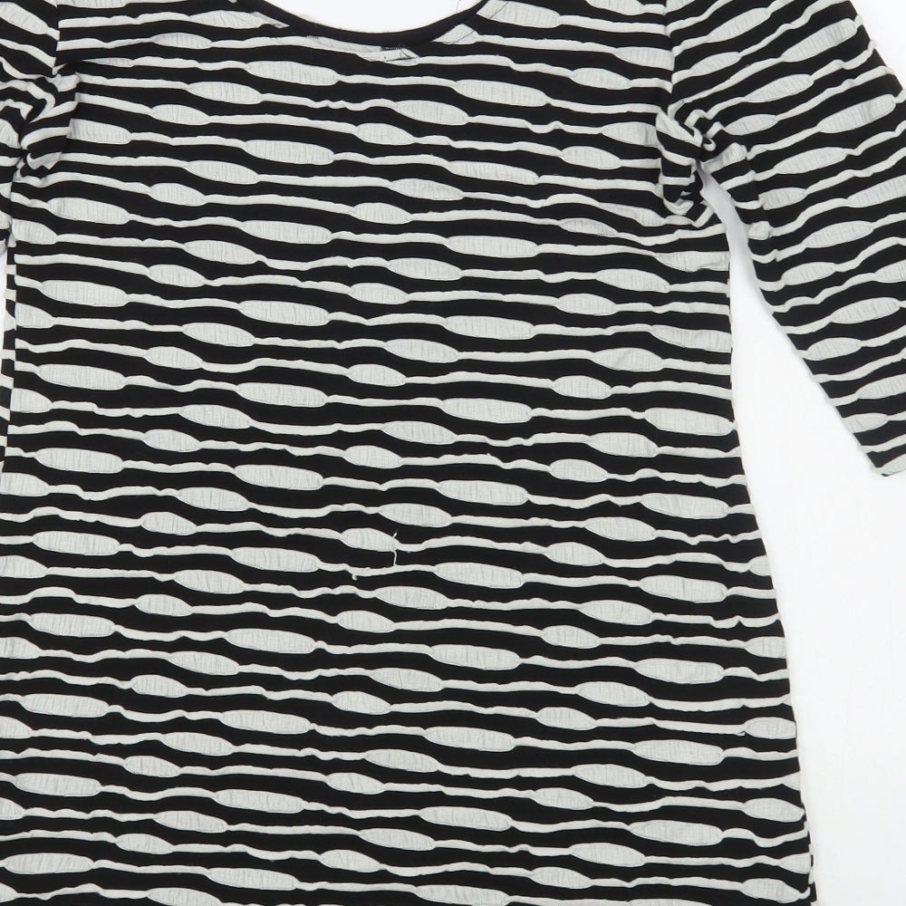 Brand and care label for Primark women’s black striped viscose t-shirt dress, size UK 14, boat neck pullover
