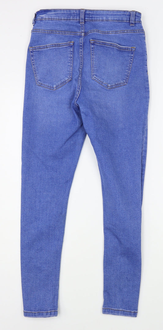Back view of Denim & Co. women’s blue cotton skinny jeans, size UK 14, 27-inch leg regular zip
