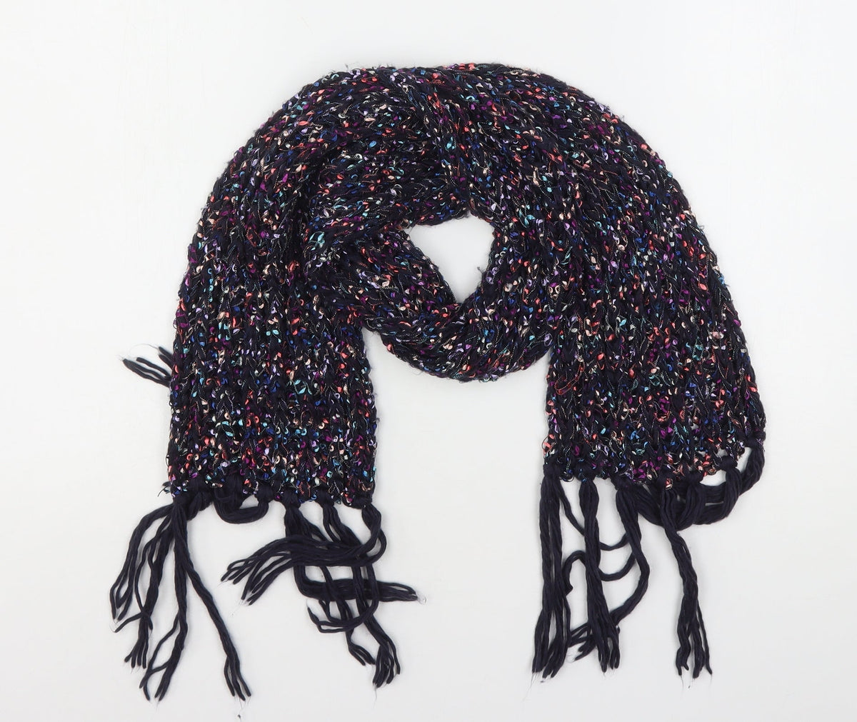 Front view of Preworn women’s multicoloured striped polyester scarf
