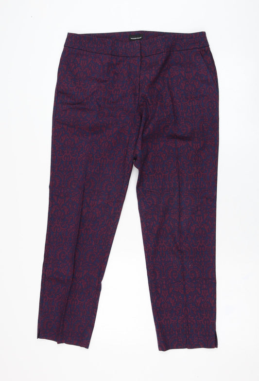 Additional front view of Warehouse women’s blue geometric cotton carrot trousers, size UK 12, 26-inch leg regular zip