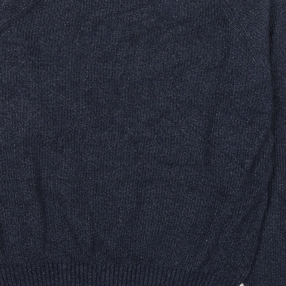 Brand and care label for Macson women’s blue round neck polyester jumper, size XL