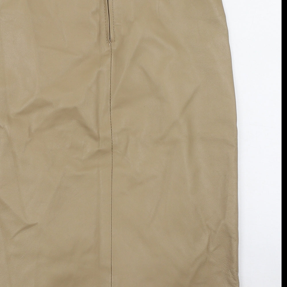 Brand and care label for New Look women’s brown polyester mini skirt, size UK 8