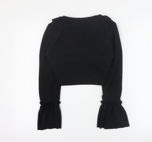 Prague Womens Black Polyester Cropped Blouse Size 8 V-Neck