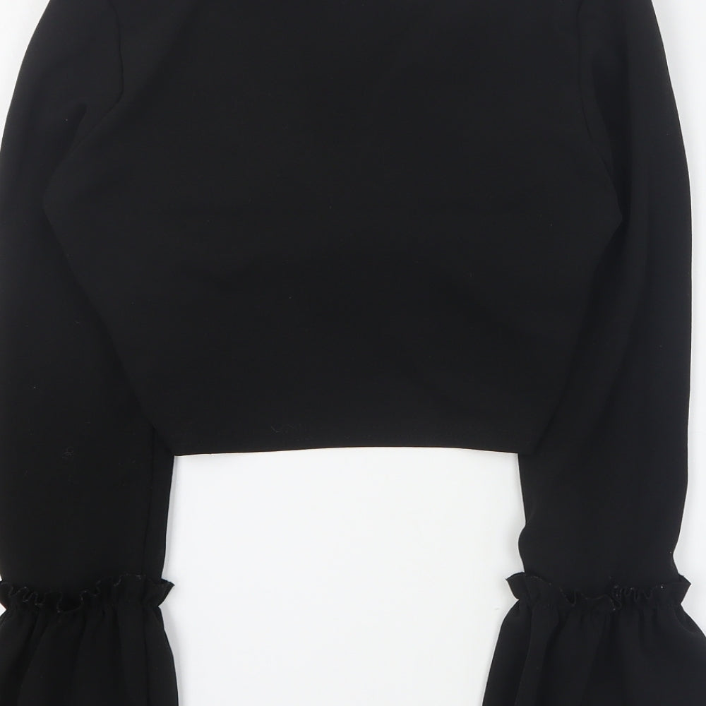 Prague Womens Black Polyester Cropped Blouse Size 8 V-Neck