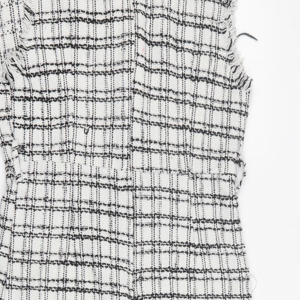 SheIn Womens White Plaid Polyester Mini Size M V-Neck Zip