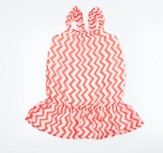 H&M Girls Red Geometric 100% Polyester Mini Size 8 Years Round Neck Pullover
