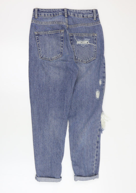 Back view of Topshop women’s blue cotton boyfriend jeans, size UK 25, in, 28-inch leg regular zip