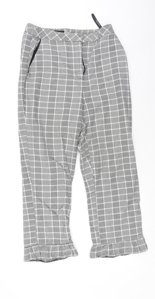 Additional front view of Topshop women’s grey plaid cotton trousers, size UK 8, 20-inch leg regular