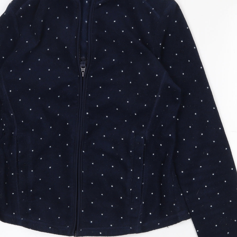 Brand and care label for Tu women’s blue polka dot jacket, size UK 8, zip
