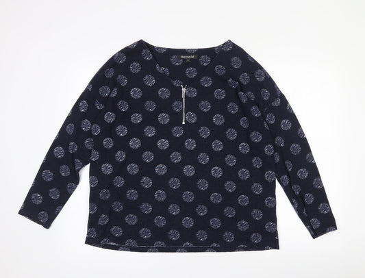 Additional front view of Bonmarché women’s blue polka dot polyester jersey t-shirt, size UK 12, round neck