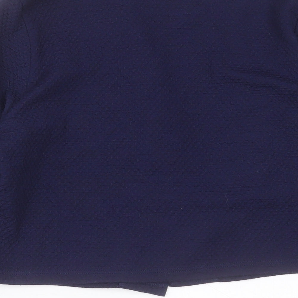 Brand and care label for Tu women’s blue v-neck acrylic cardigan jumper, size UK 10