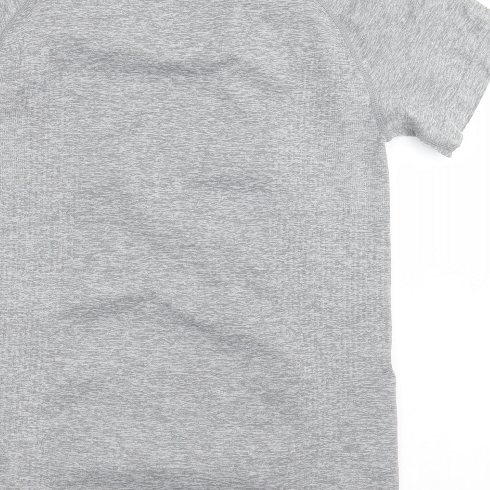 Brand and care label for Work Out women’s grey polyester basic t-shirt, size S, crew neck pullover