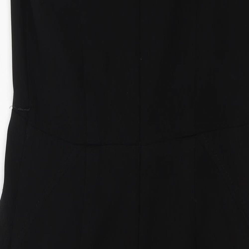Brand and care label for Papaya women’s black polyester pencil dress, size UK 8, round neck zip