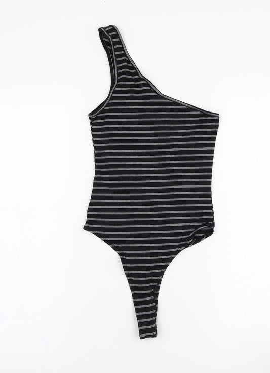Back view of Primark women’s black striped cotton bodysuit one-piece, size UK 4, hook & loop
