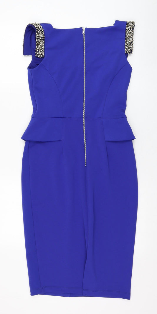 River Island Womens Blue Polyester Pencil Dress Size 10 Square Neck Zip